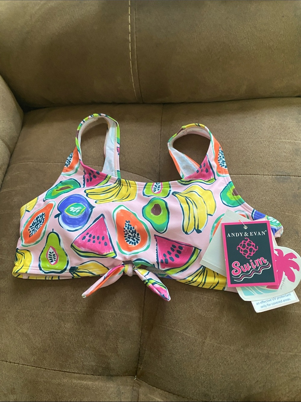 Andy & Evan Pink Tropical Fruit Knot Front Swim Top